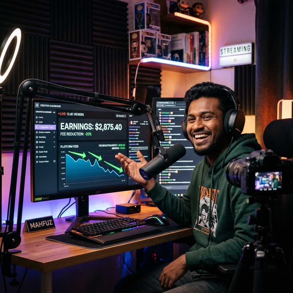 Bangladeshi content creator celebrating platform fee cut to 6.5 percent with creator earnings dashboard on screen