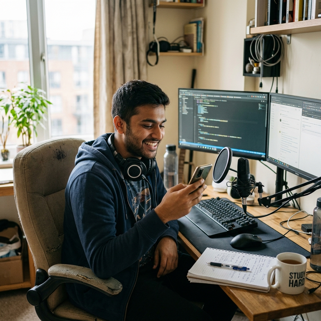 A young Bangladeshi streamer celebrating a live tip alert on his streaming setup